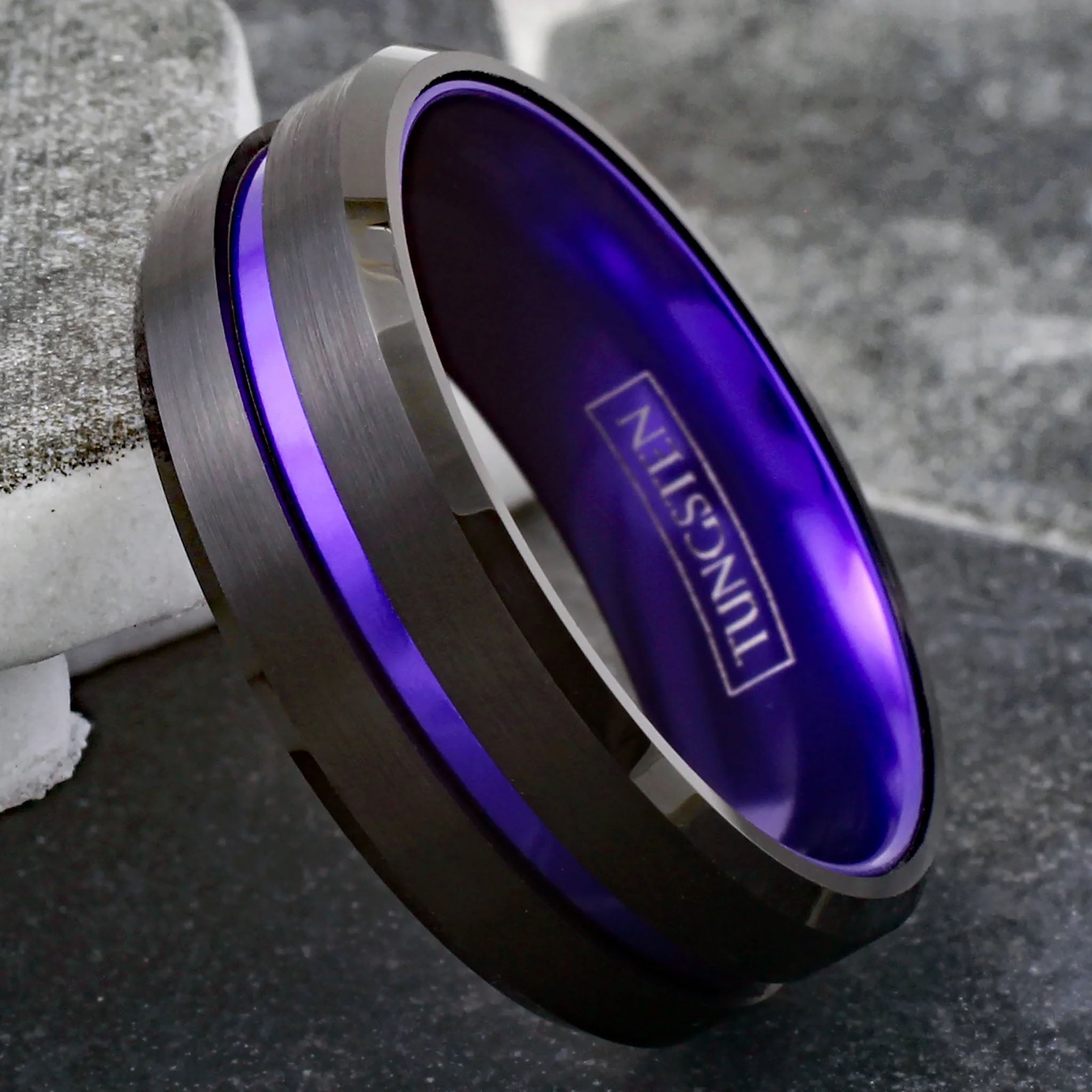 Purple Striped with Black Edged Tungsten Ring Side View