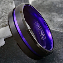 Purple Striped with Black Edged Tungsten Ring Side View