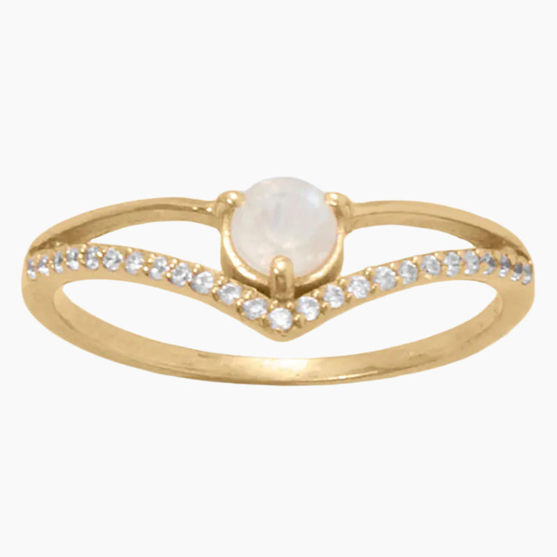 Rainbow Moonstone and Zirconia V Style Ring