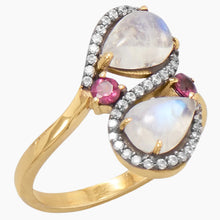 Rainbow Moonstone and Zirconia with Rhodolite Ring Side View