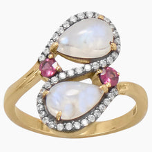 Rainbow Moonstone and Zirconia with Rhodolite Ring