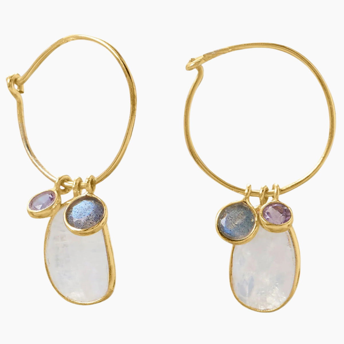 Rainbow Moonstone Gold Hoop Charm Earrings