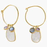 Rainbow Moonstone Gold Hoop Charm Earrings