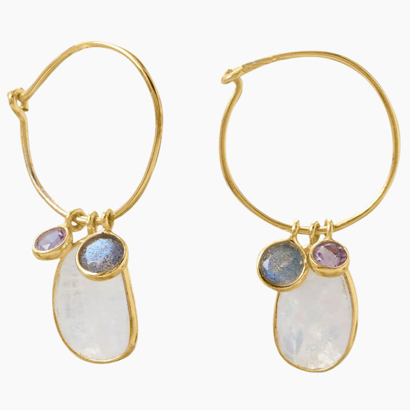 Rainbow Moonstone Gold Hoop Charm Earrings