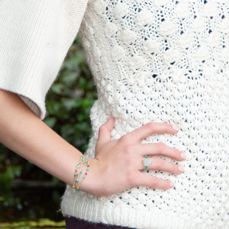 Rainbow Moonstone with Crushed Turquoise Ring On Hand