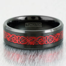 Red Celtic Dragon on Black Tungsten Ring Front View
