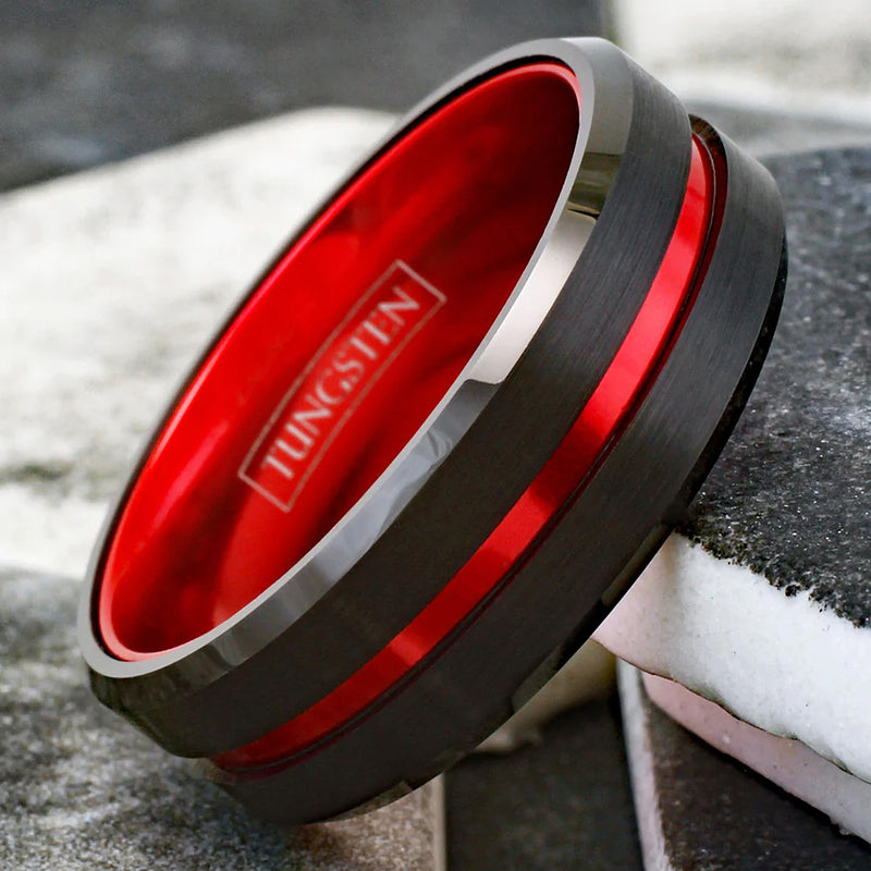 Red Striped with Black Edged Tungsten Ring Example