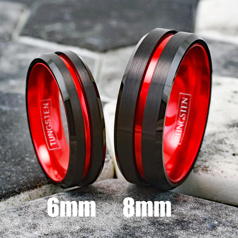 Red Striped with Black Edged Tungsten Ring Sizes