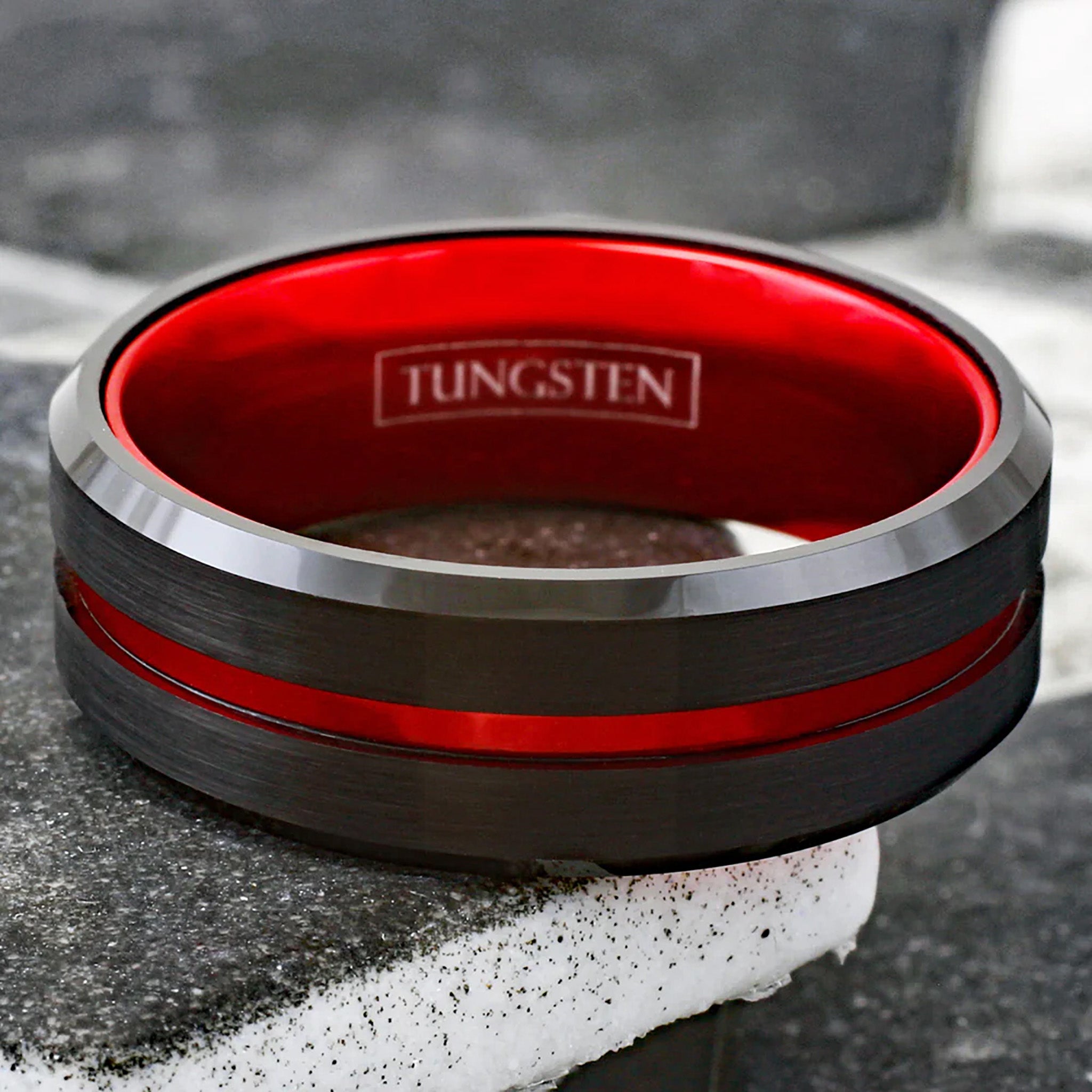 Red Striped with Black Edged Tungsten Ring Top View
