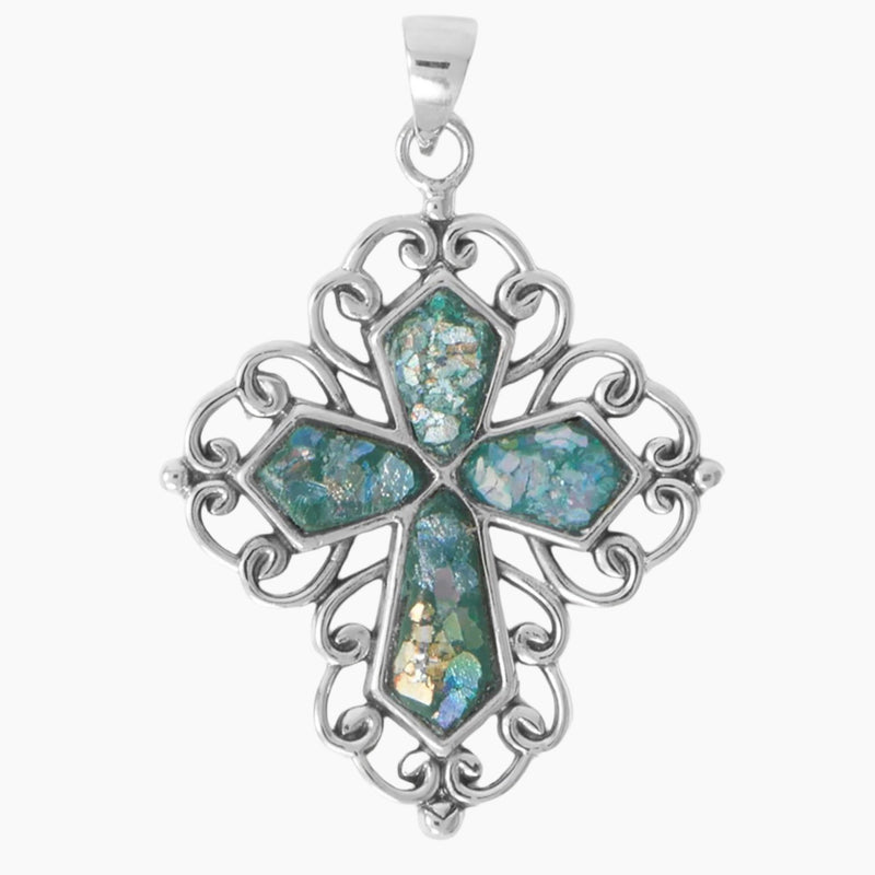 Roman Glass Swirl Edge Cross Pendant