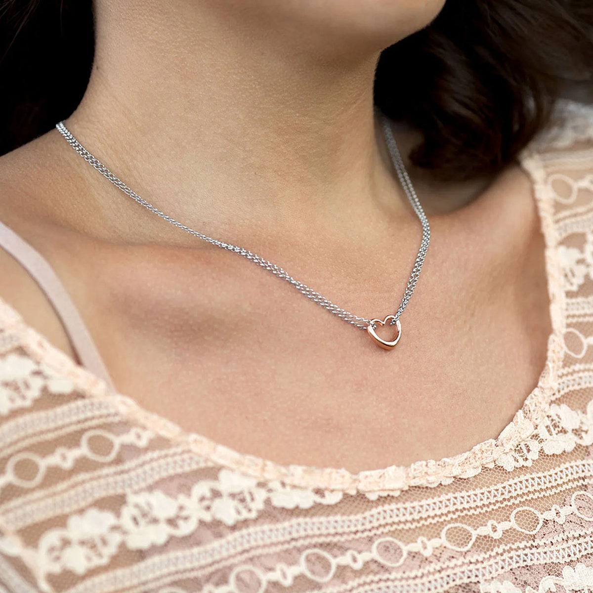 Rose Gold Heart Necklace on Neck