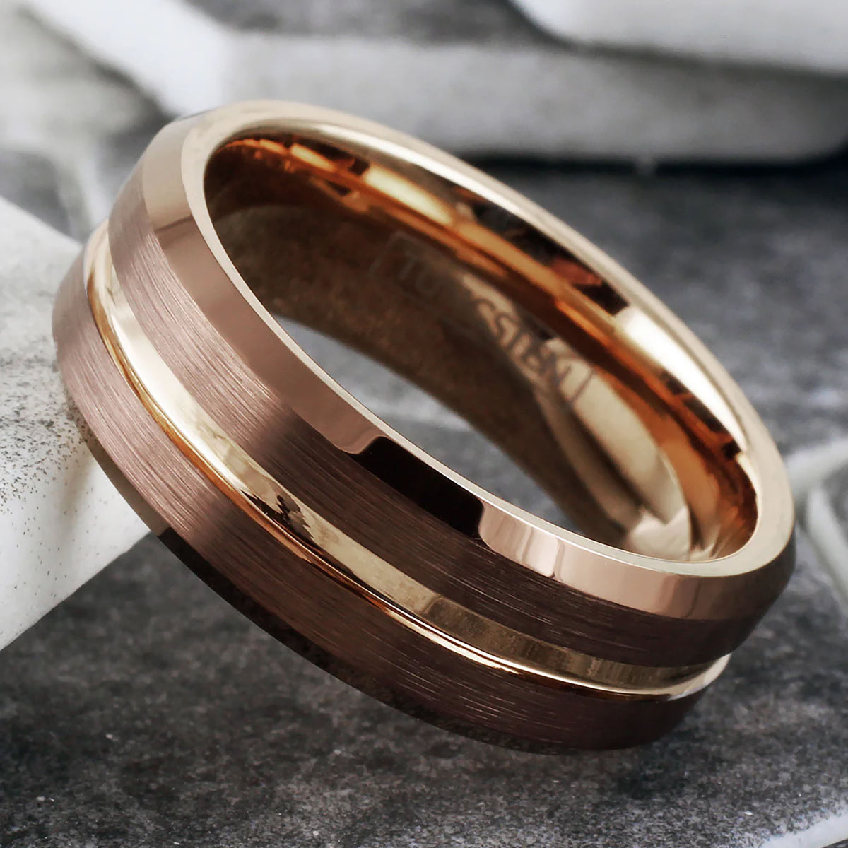 Rose Gold Striped with Bronze Edged Tungsten Ring Side View