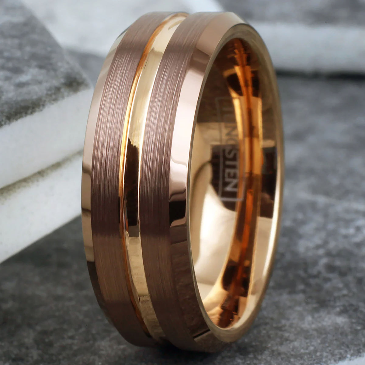 Rose Gold Striped with Bronze Edged Tungsten Ring Front View