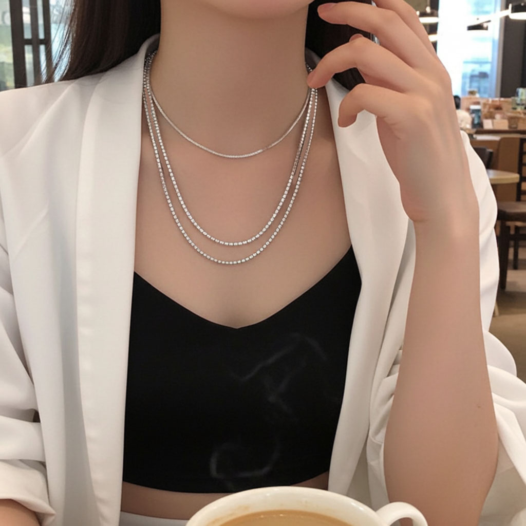 Rounded Box Chain - 2.6mm Layered on Neck View