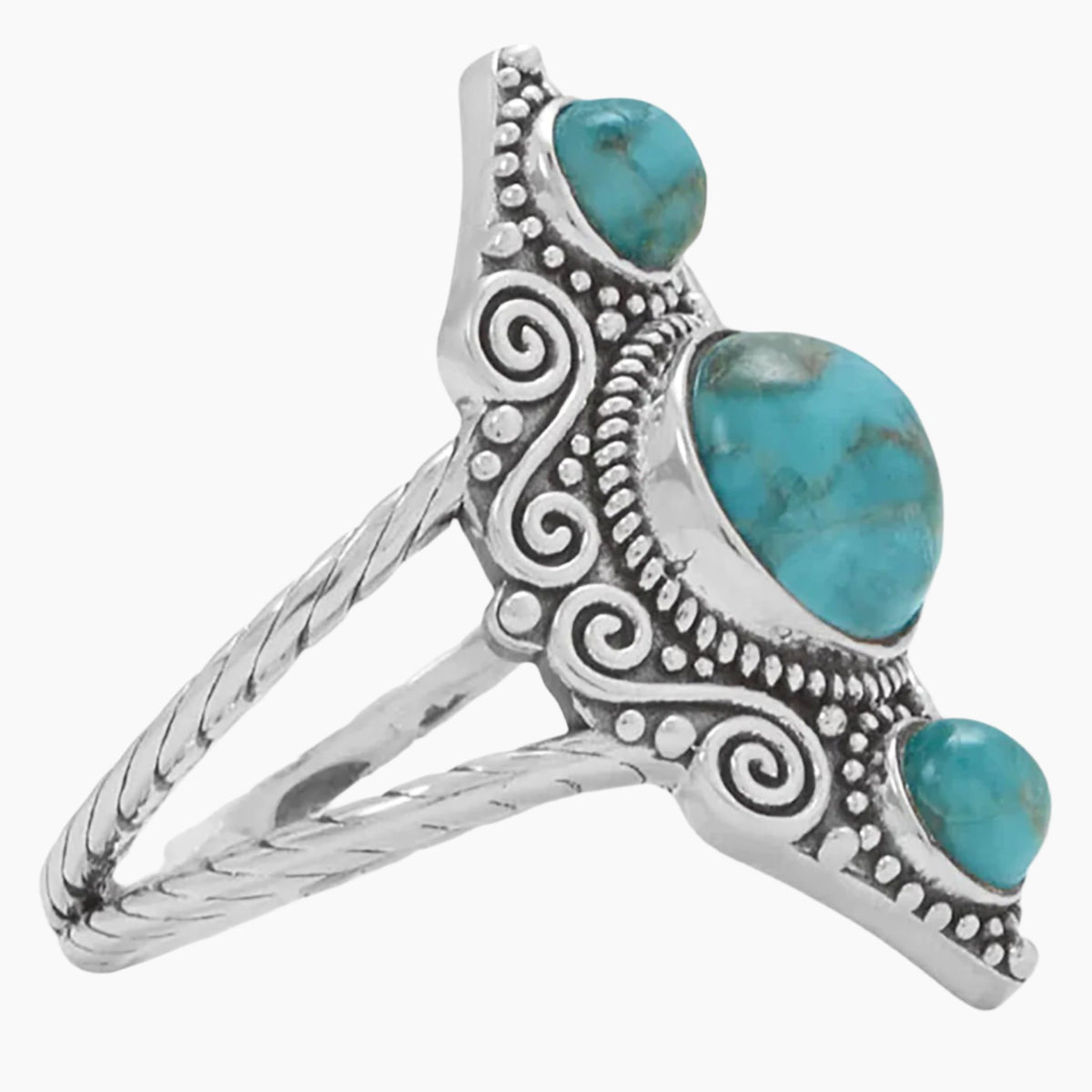 Scroll and Bead Design Turquoise Ring Side View