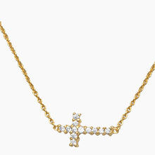 Sideways Zirconia Cross Gold Necklace Close Up
