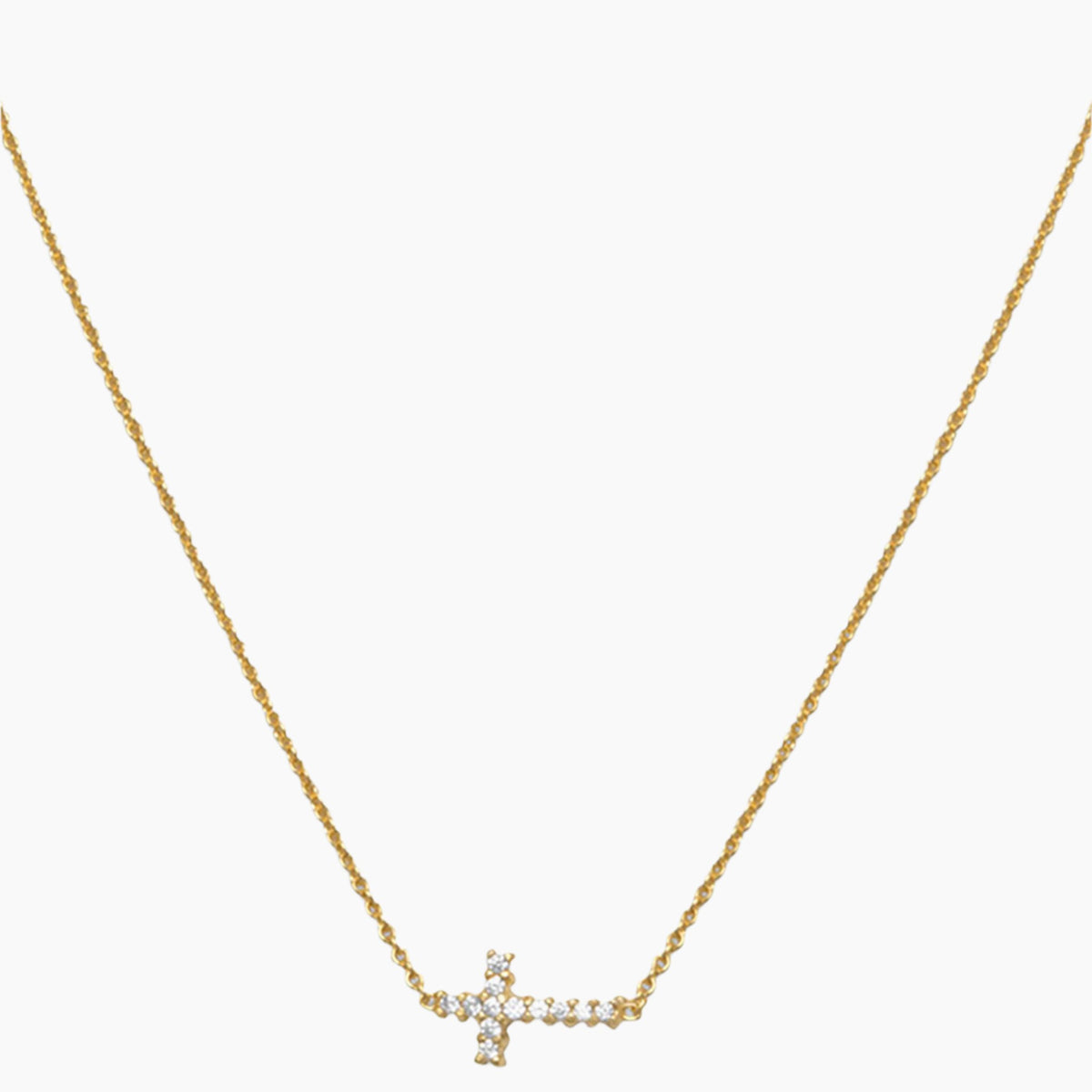 Sideways Zirconia Cross Gold Necklace