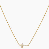 Sideways Zirconia Cross Gold Necklace
