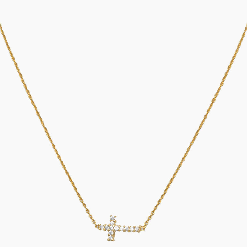 Sideways Zirconia Cross Gold Necklace