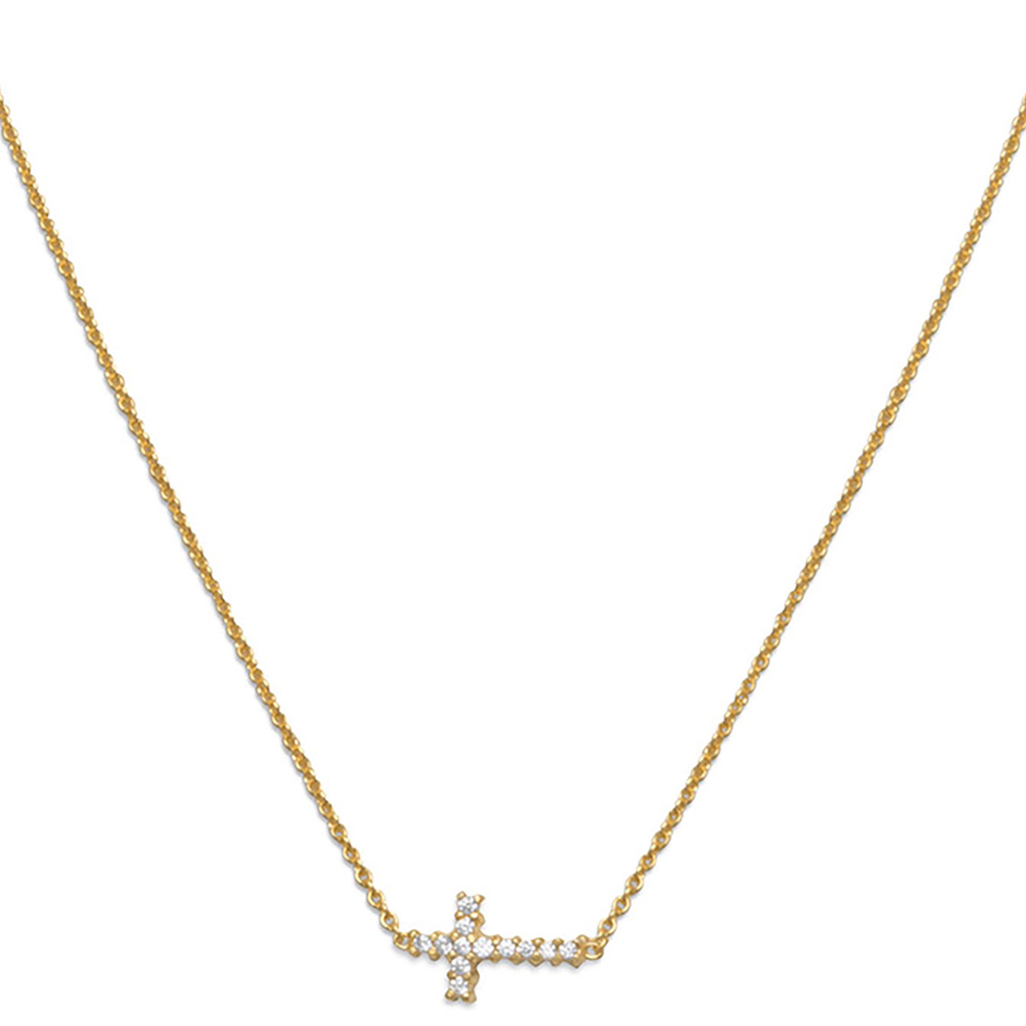 Sideways Zirconia Cross Gold Necklace