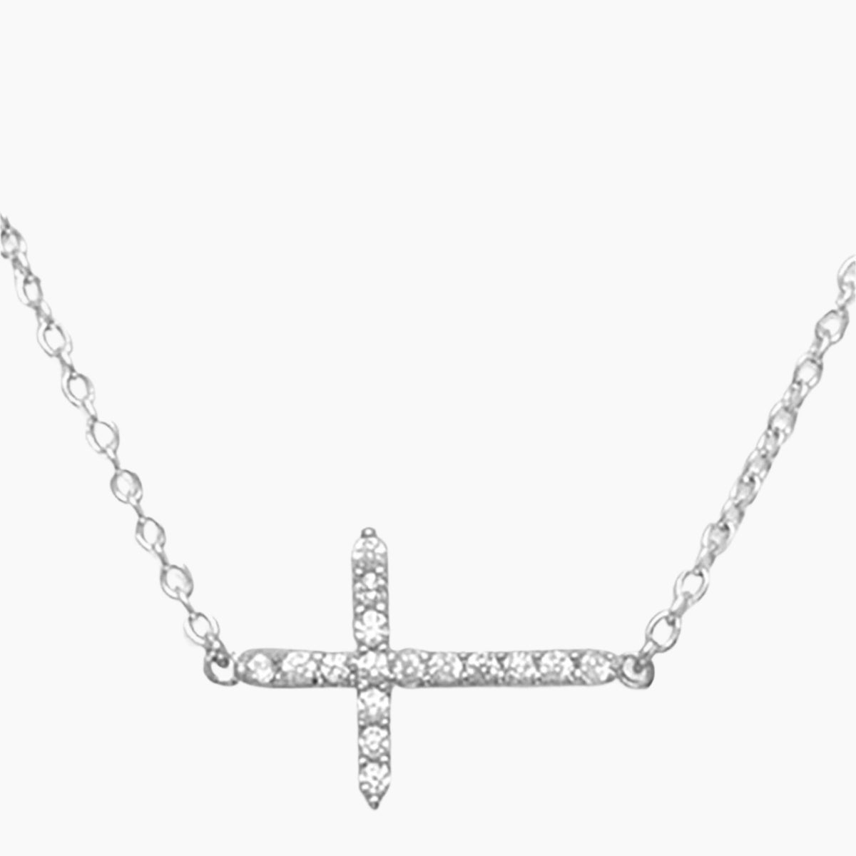 Sideways Zirconia Cross Necklace Close Up