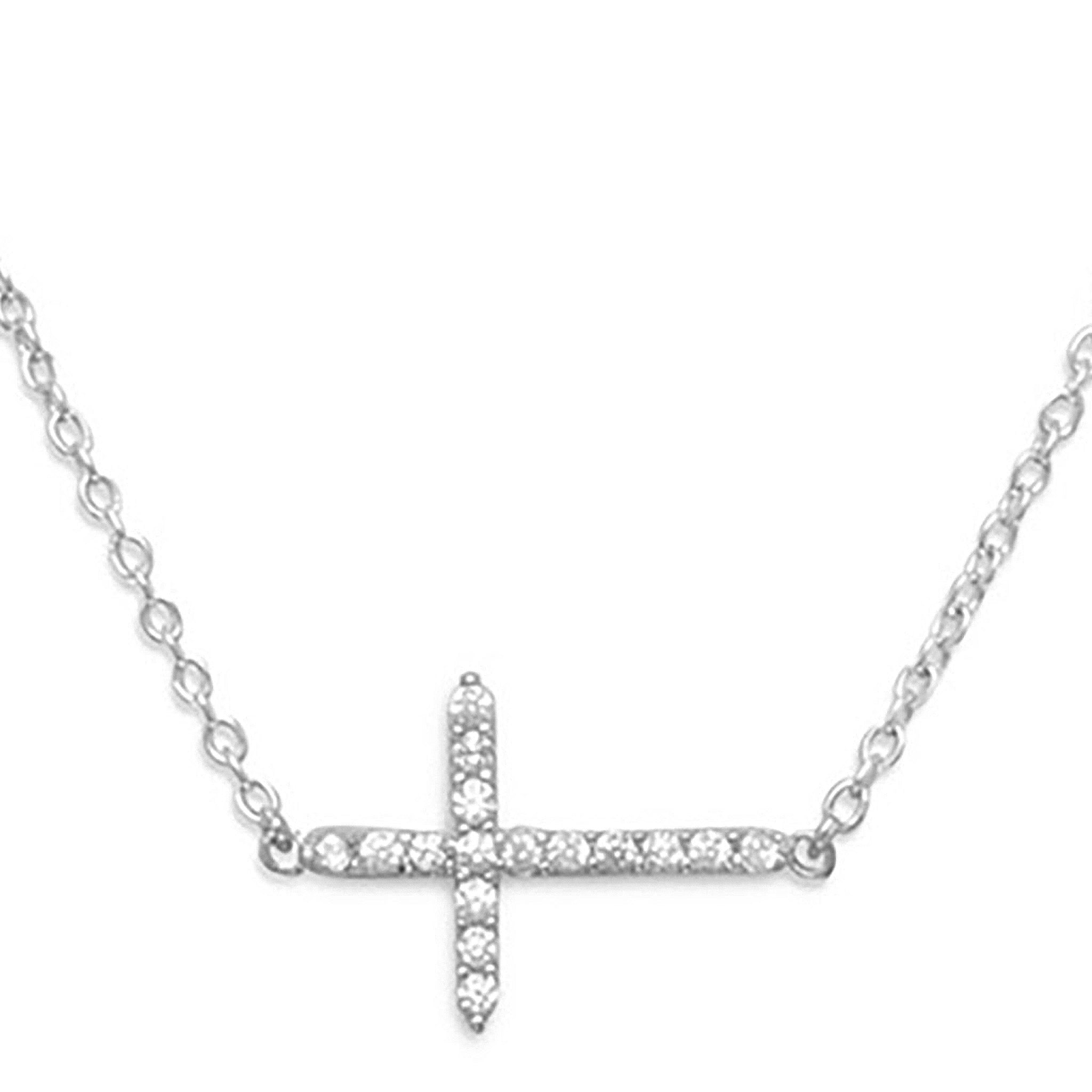 Sideways Zirconia Cross Necklace Close Up