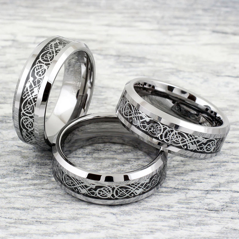 Silver Celtic Dragon on Black and Silver Tungsten Ring Example