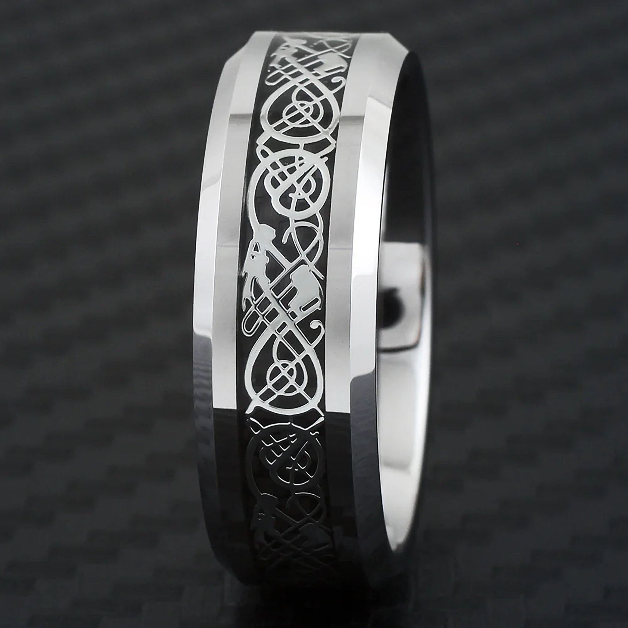 Silver Celtic Dragon on Black and Silver Tungsten Ring Front