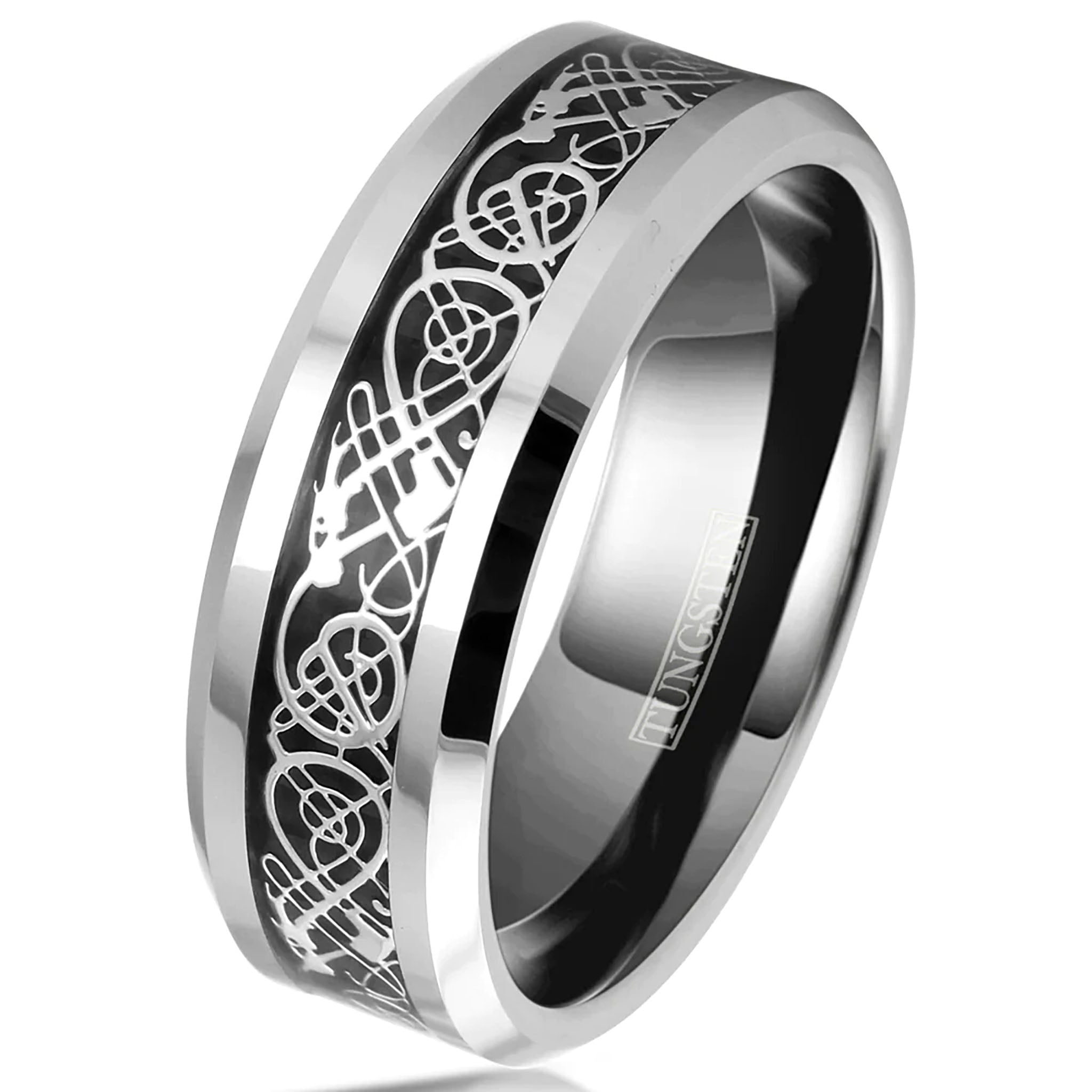 Silver Celtic Dragon on Black and Silver Tungsten Ring