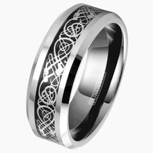 Silver Celtic Dragon on Black and Silver Tungsten Ring