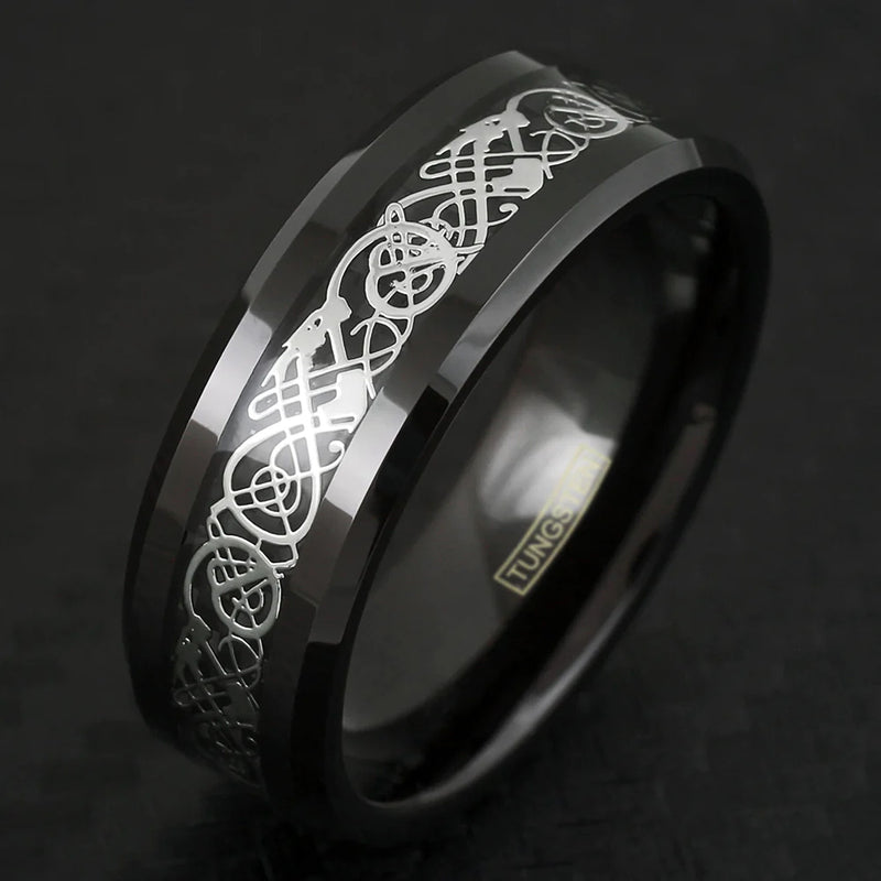 Silver Celtic Dragon on Black Tungsten Ring Top