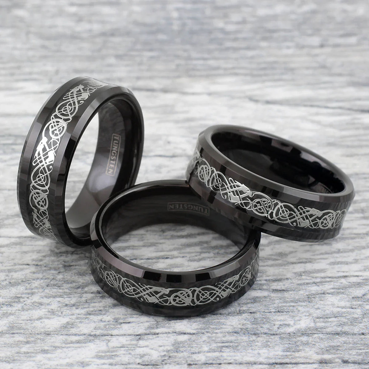 Silver Celtic Dragon on Black Tungsten Ring Example