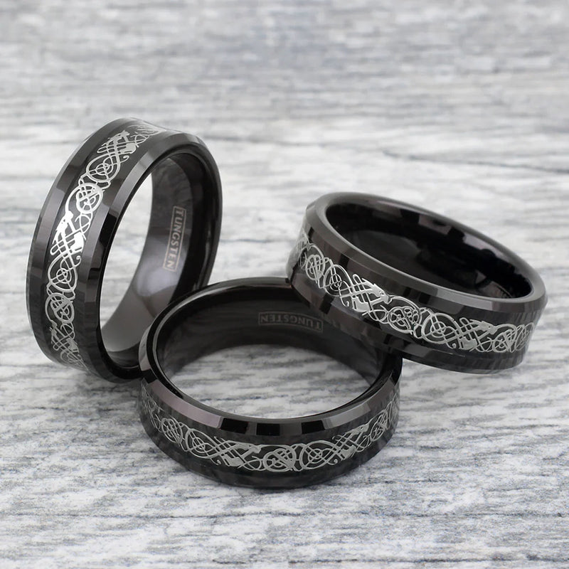 Silver Celtic Dragon on Black Tungsten Ring Example