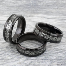 Silver Celtic Dragon on Black Tungsten Ring Example