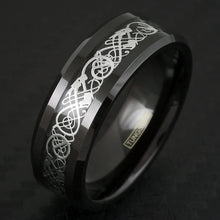 Silver Celtic Dragon on Black Tungsten Ring Top