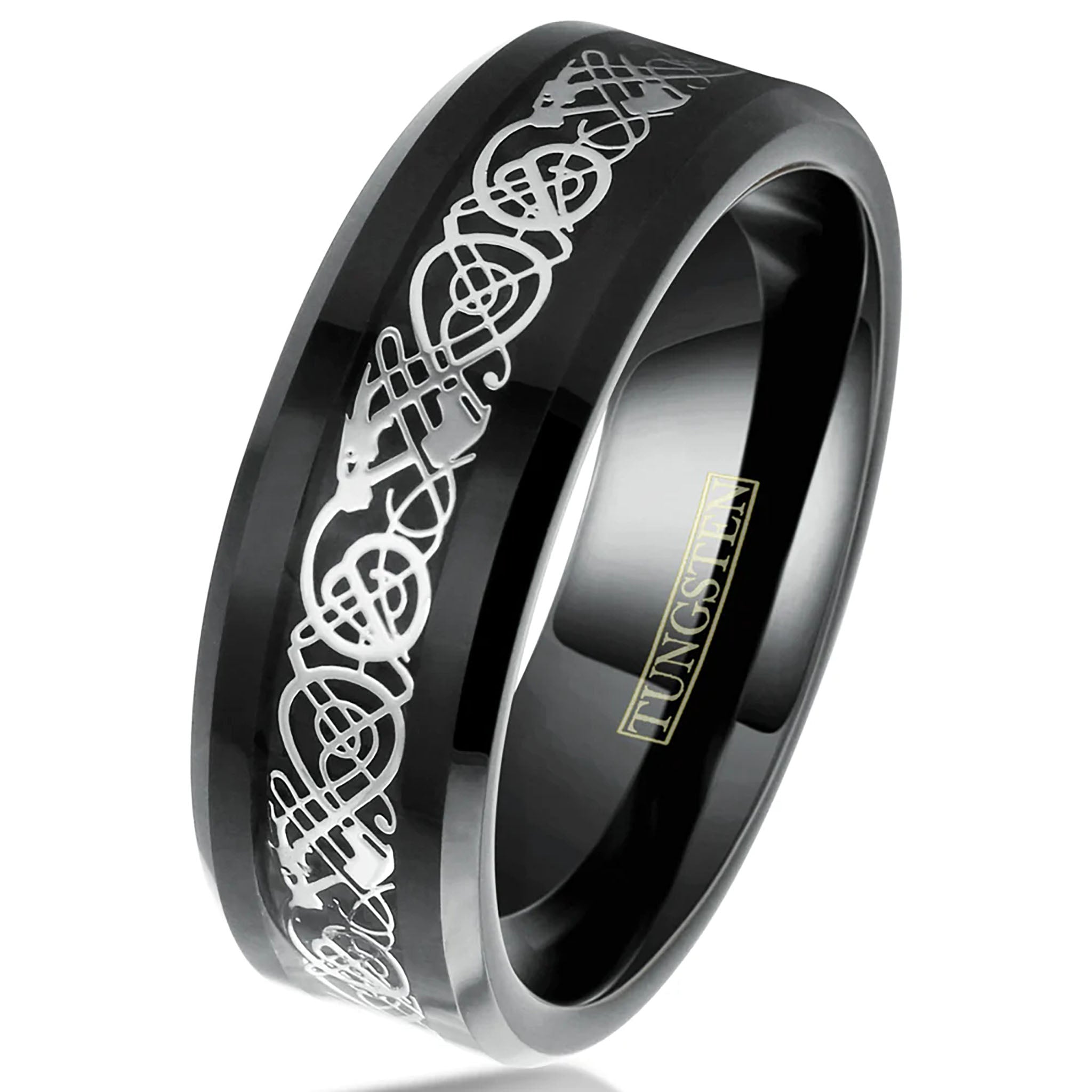 Silver Celtic Dragon on Black Tungsten Ring