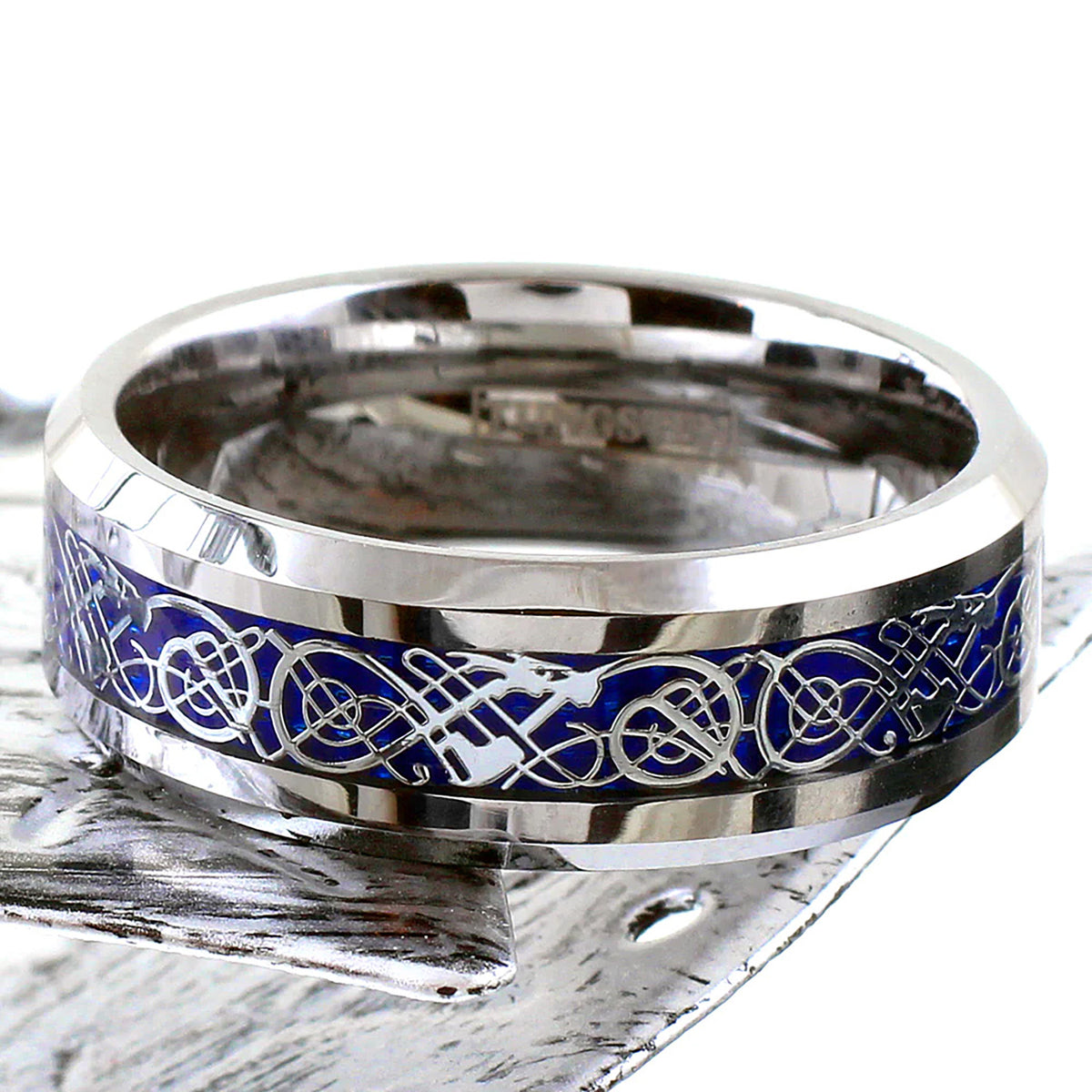 Silver Celtic Dragon on Blue and Silver Tungsten Ring Flat View