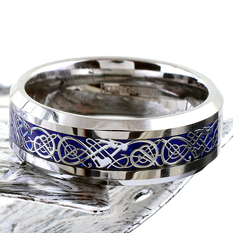 Silver Celtic Dragon on Blue and Silver Tungsten Ring Flat View
