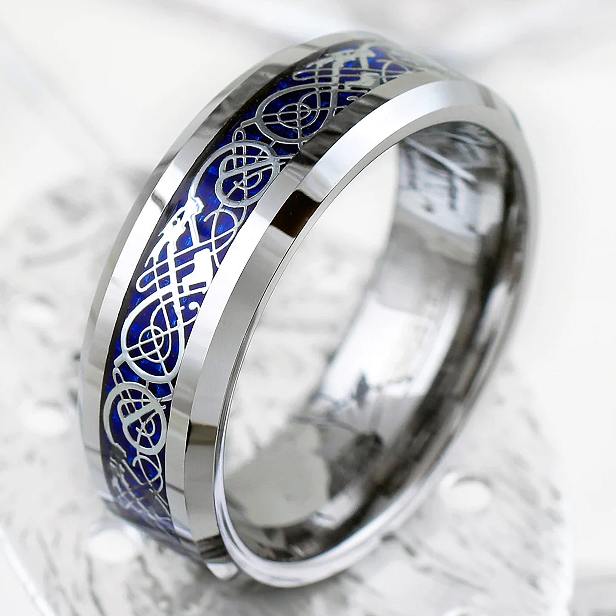 Silver Celtic Dragon on Blue and Silver Tungsten Ring Open View