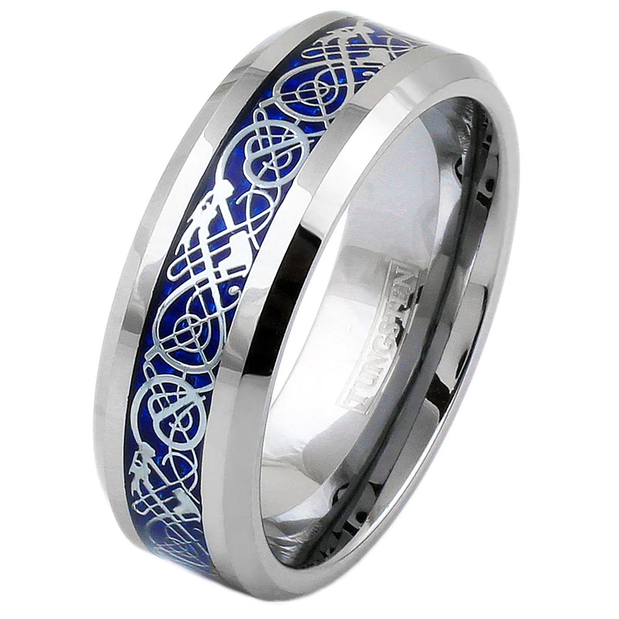 Silver Celtic Dragon on Blue and Silver Tungsten Ring