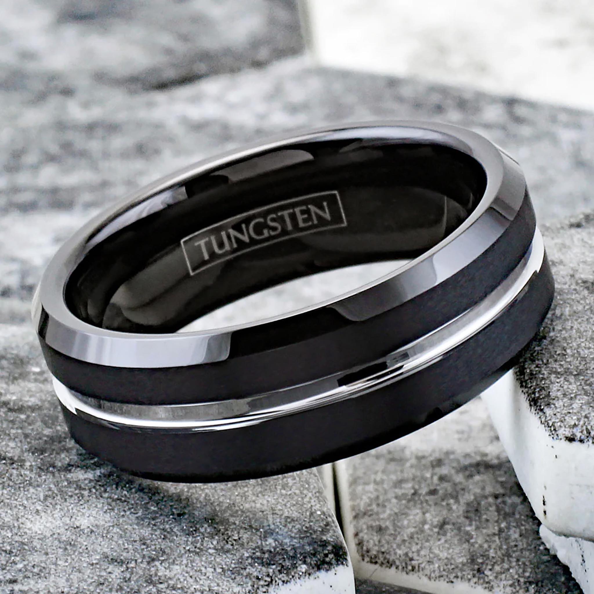 Silver Channel on Black Tungsten Ring Example
