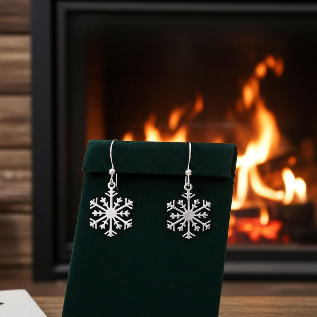 Snowflake Drop Earrings on Card Display