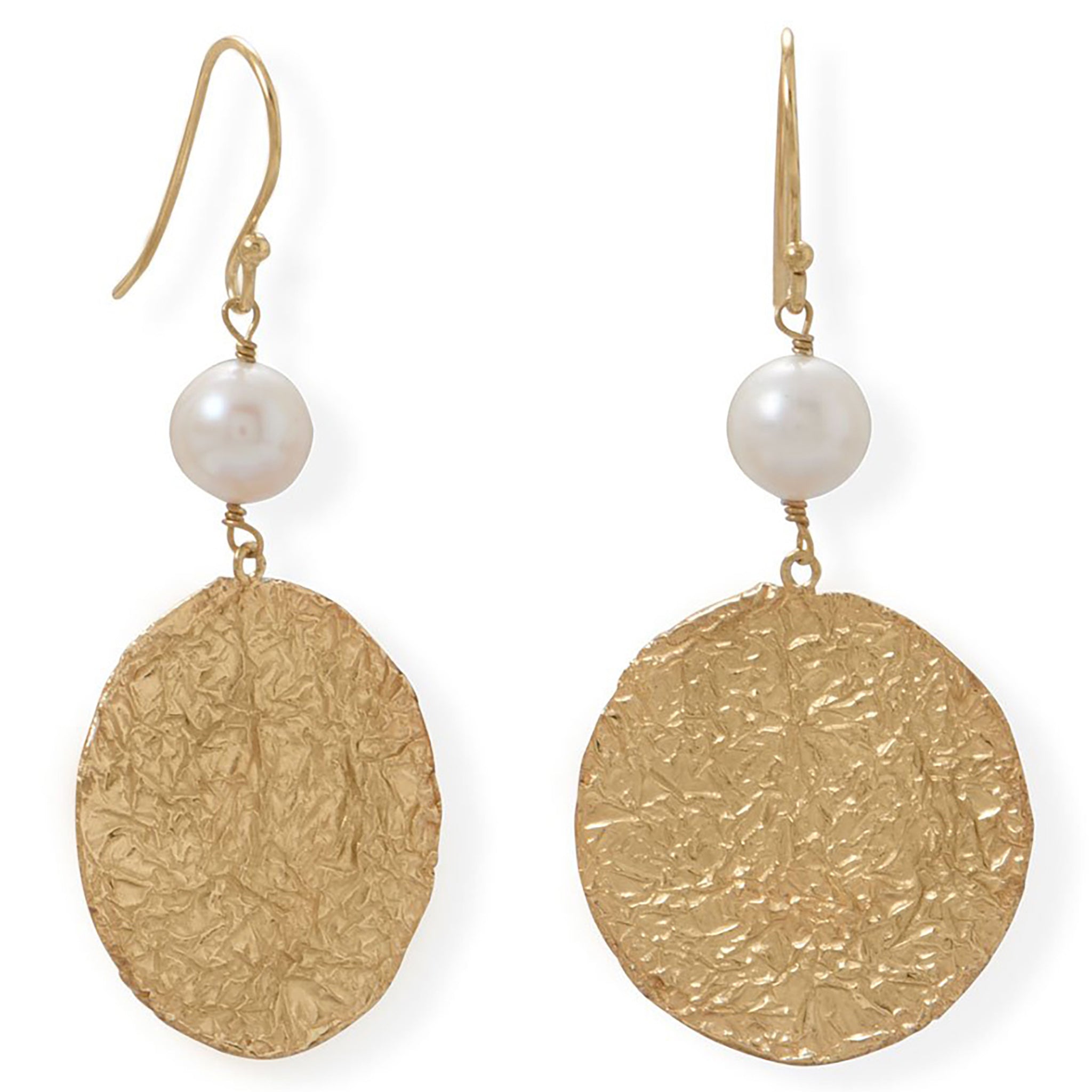 Textured Gold Disk with Freshwater Pearl Earrings