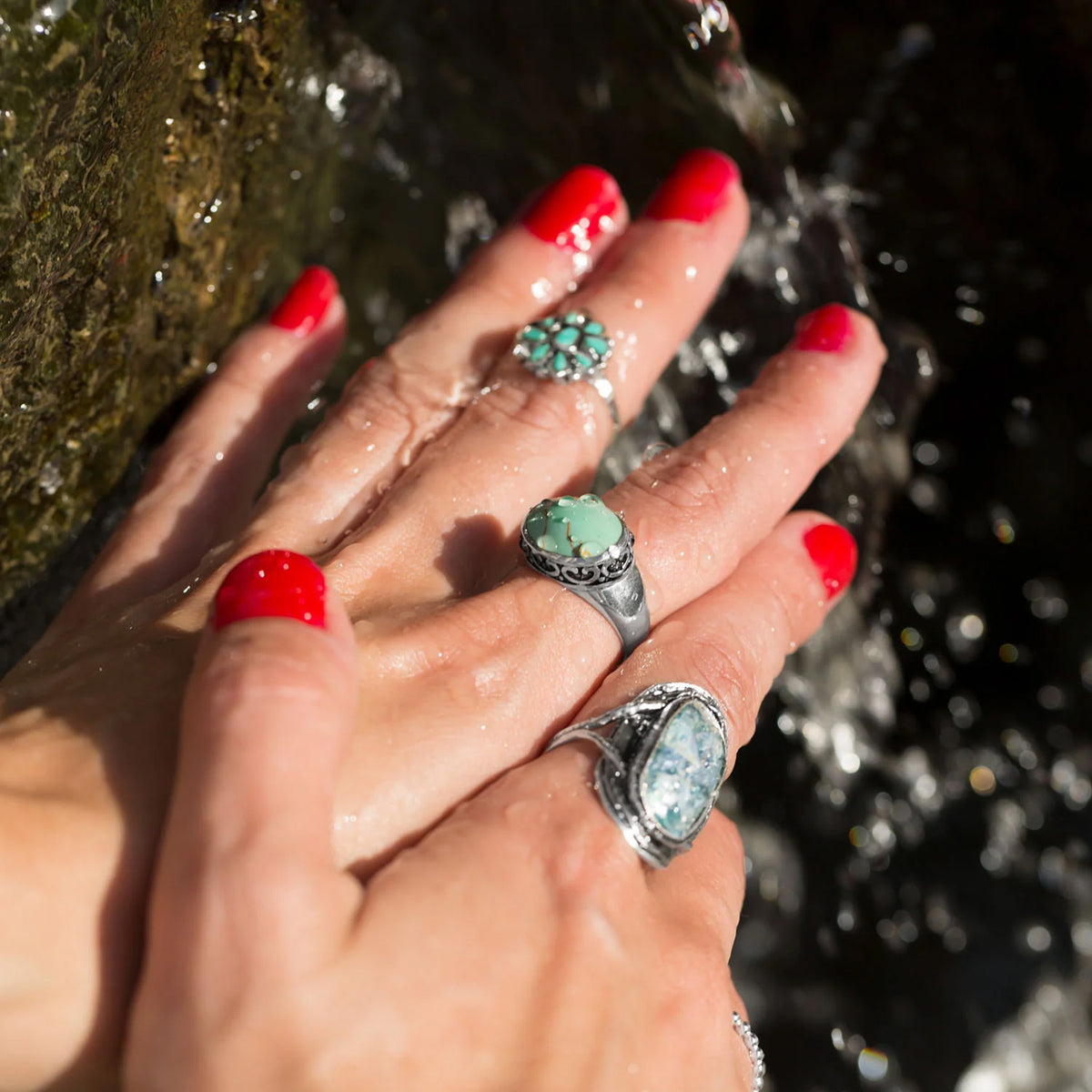 Textured Roman Glass Ring On Hand