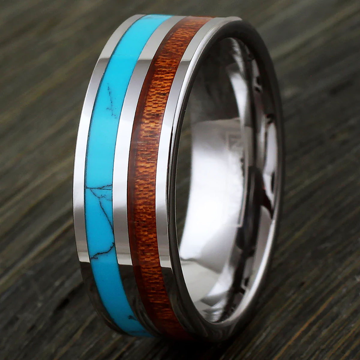 Turquoise with Koa Wood Tungsten Ring Example