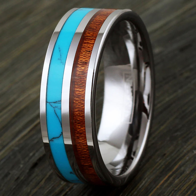 Turquoise with Koa Wood Tungsten Ring Example