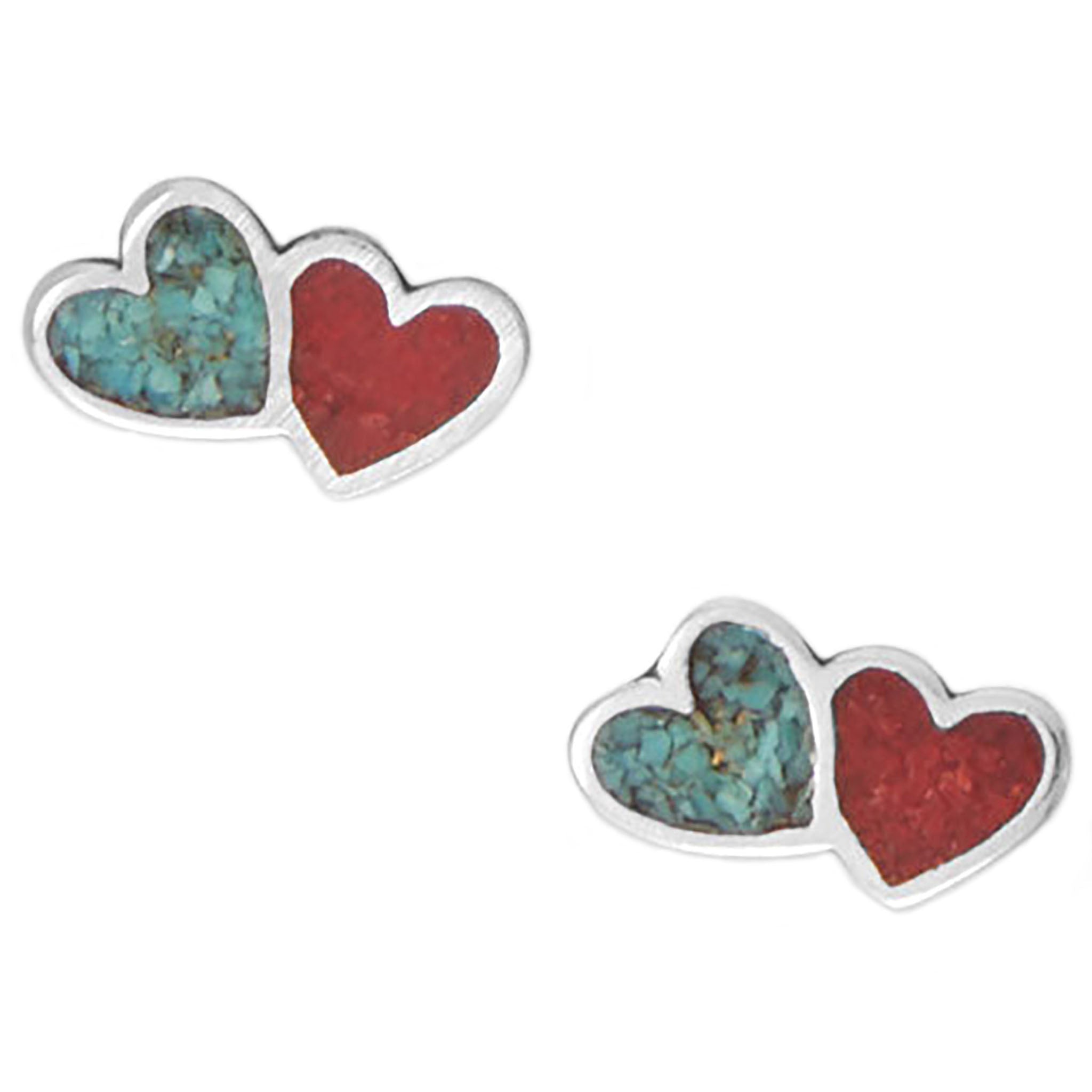 Turquoise and Coral Chip Double Heart Earrings