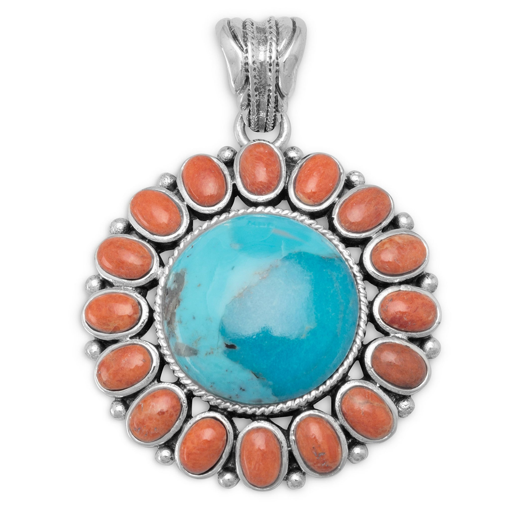 Turquoise and Coral Sunburst Pendant