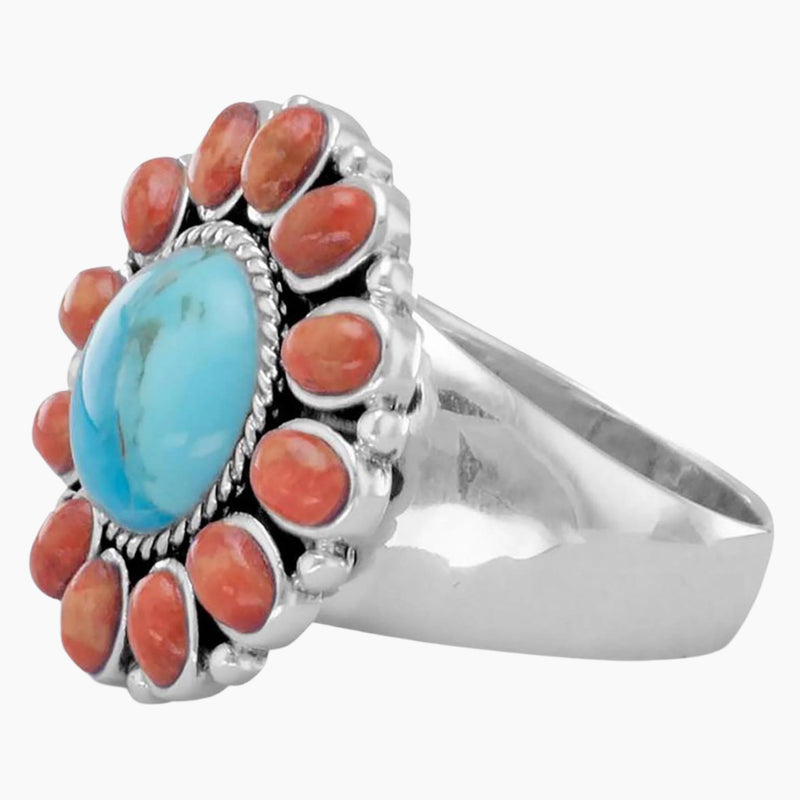 Turquoise and Coral Sunburst Ring Side View