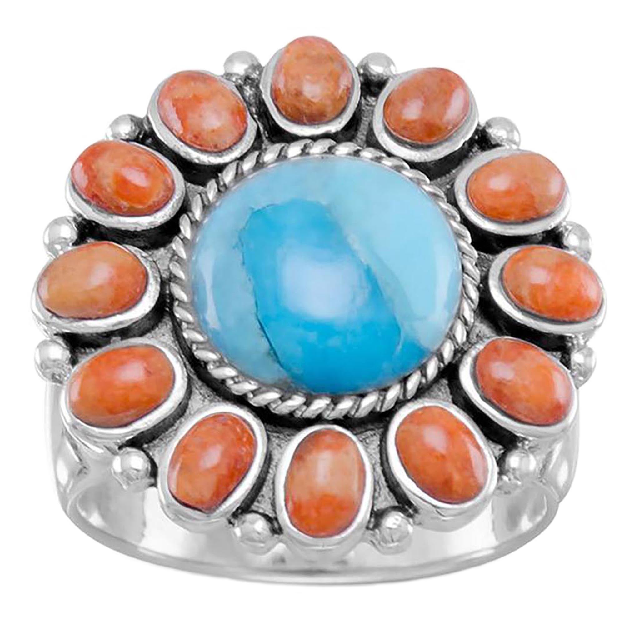 Turquoise and Coral Sunburst Ring